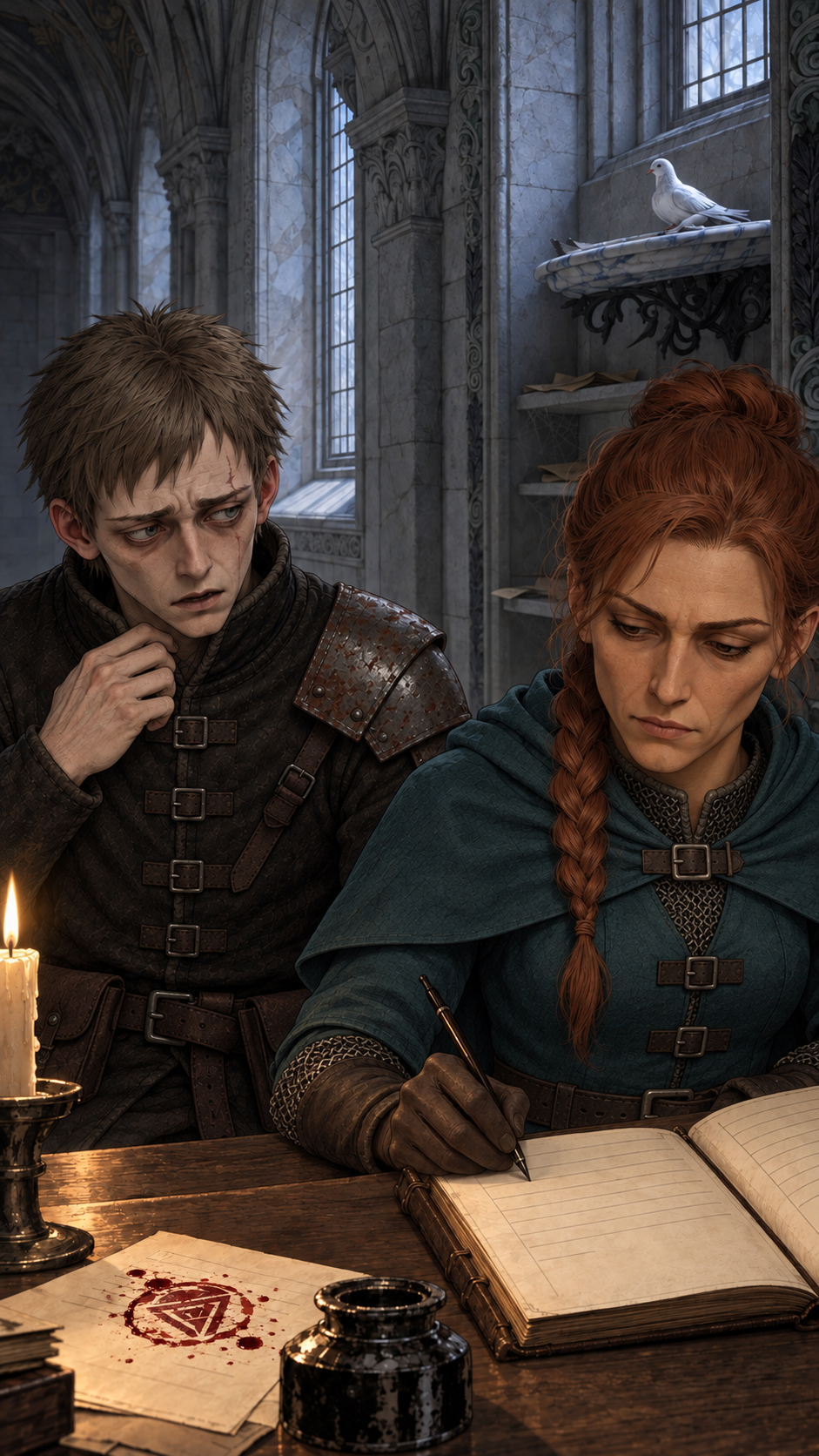 8컷: 보이머가 말로 둘러대려다 목소리가 갈라지고, 엘라는 그 침묵을 증거로 적는다.